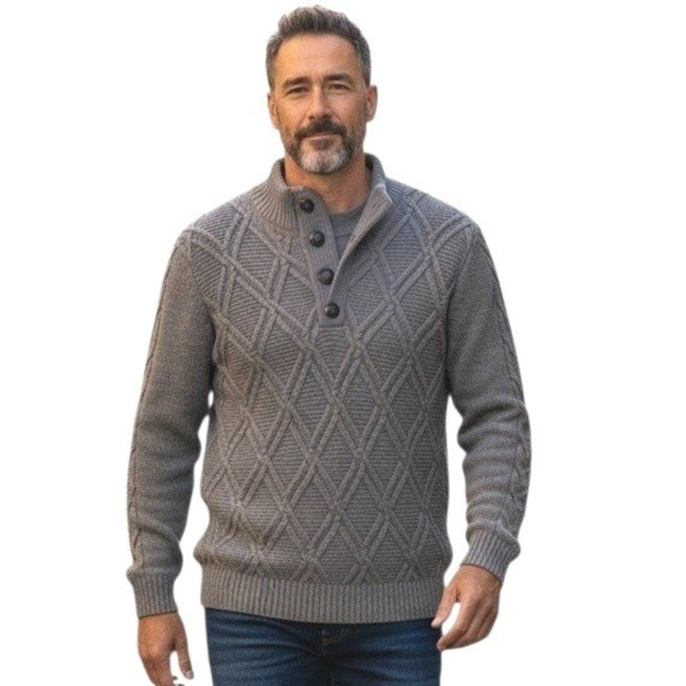 IMMAGINI Italy Mens size Large Grandpa Cable Knit Chunky Wool 3D Sweater Henley